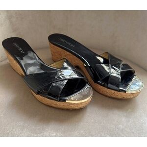 Jimmy Choo Black Patent Leather Platform Sandal Cork Wedges, Gold Toe, Size 37/7